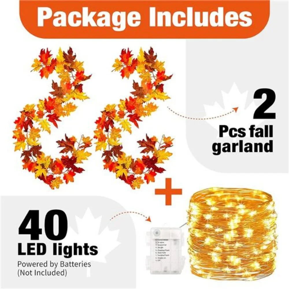2 Pack Fall Maple Garland with 40 LED String Light- 5.8ft/Piece
